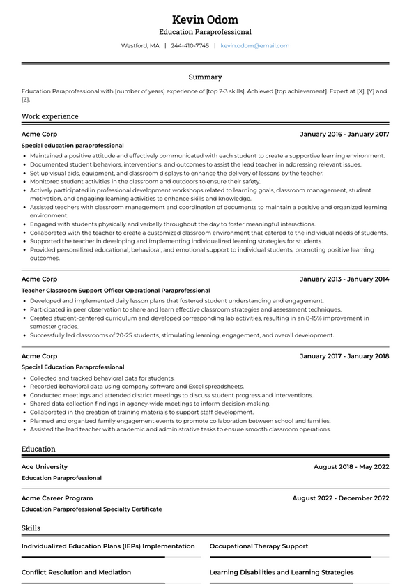 Education Paraprofessional Resume Examples And Templates