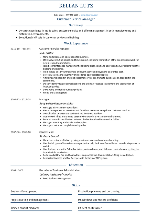 service manager resume example