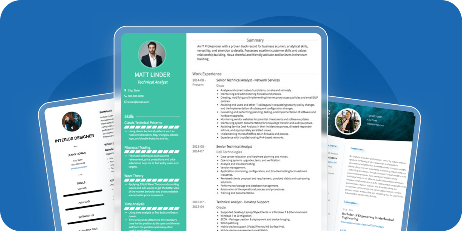 Three ATS-friendly resume templates in different layouts and colors