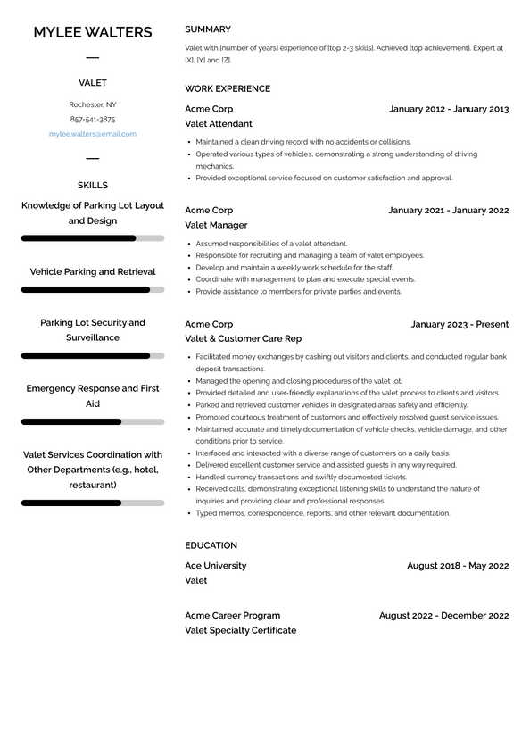 Valet Resume Examples and Templates