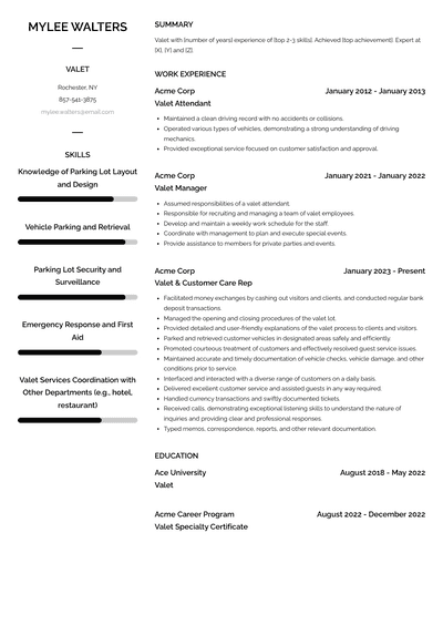 Valet Resume Examples And Templates