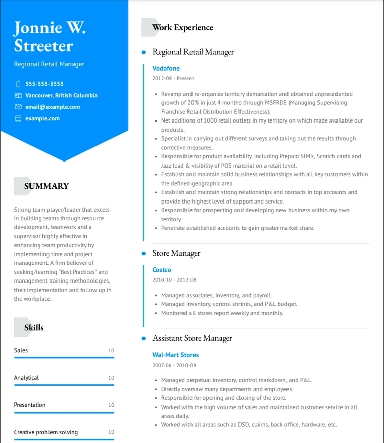 retail cv template for austria