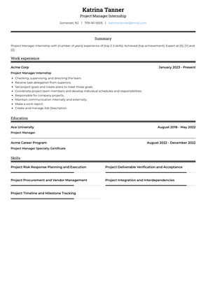 Project Manager Internship Resume Sample and Template
