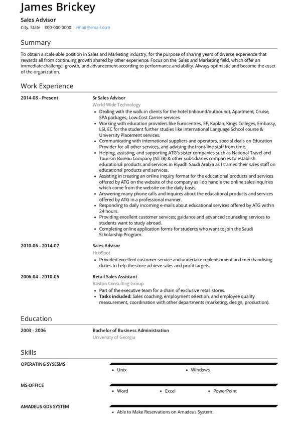 Sales Advisor Resume Samples And Templates VisualCV