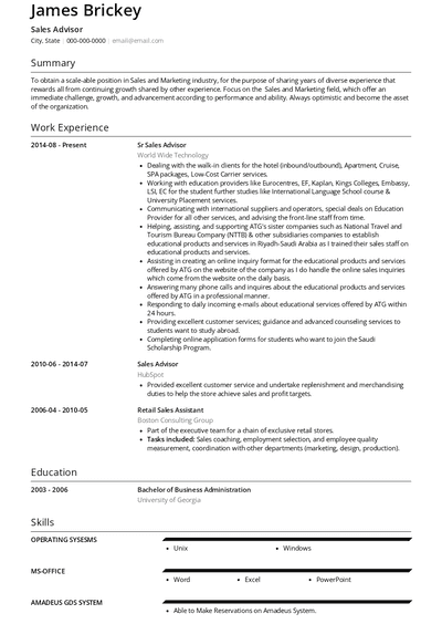 Sales Advisor Resume Samples and Templates | VisualCV