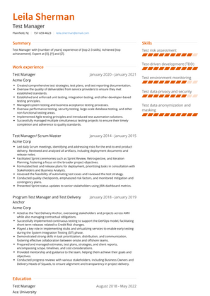 Test Manager Resume Sample and Template