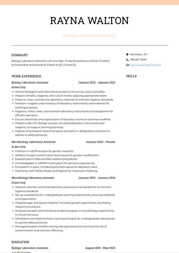 Biology Laboratory Assistant Resume Examples and Templates