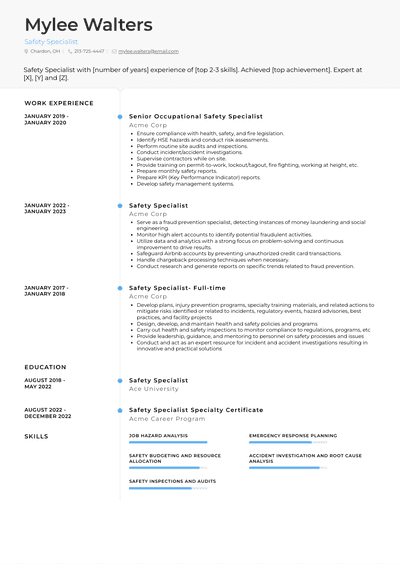 Safety Specialist Resume Examples and Templates