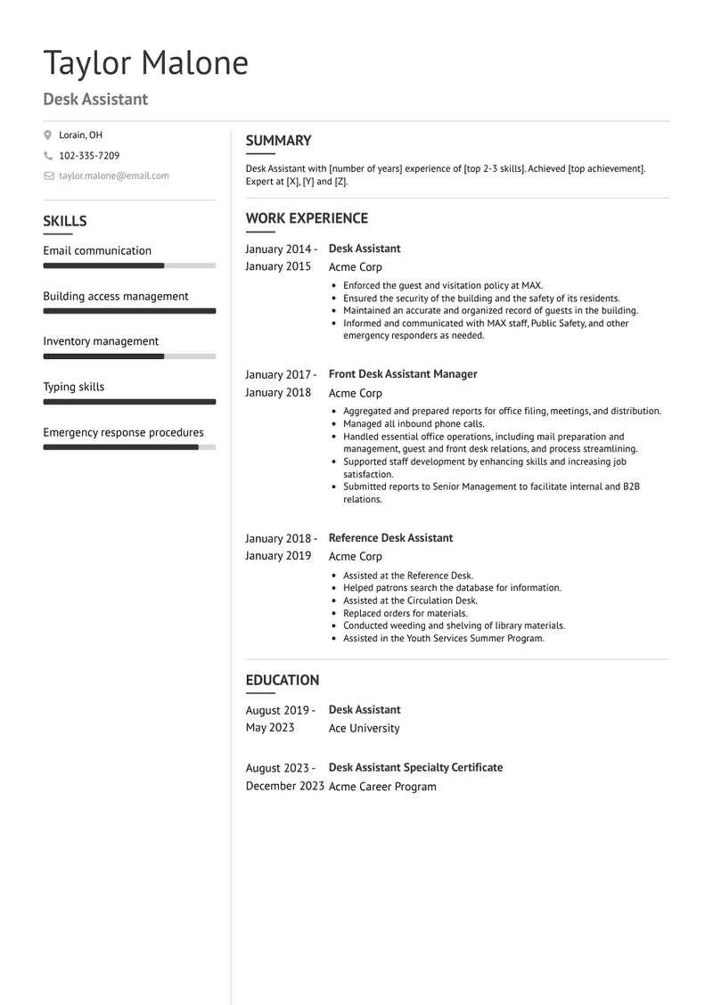 Desk Assistant Resume Sample and Template