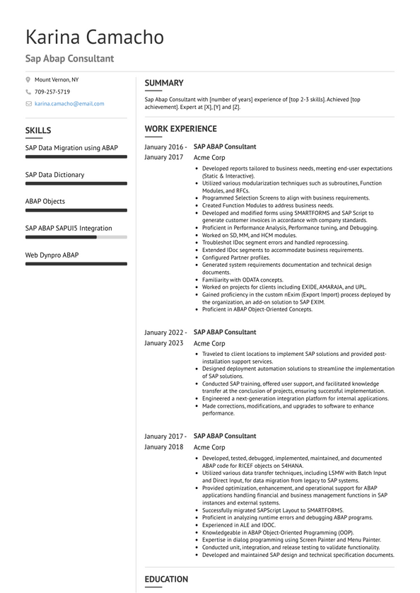 Sap Abap Consultant Resume Examples and Templates