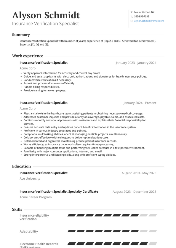 Insurance Verification Specialist Resume Examples And Templates