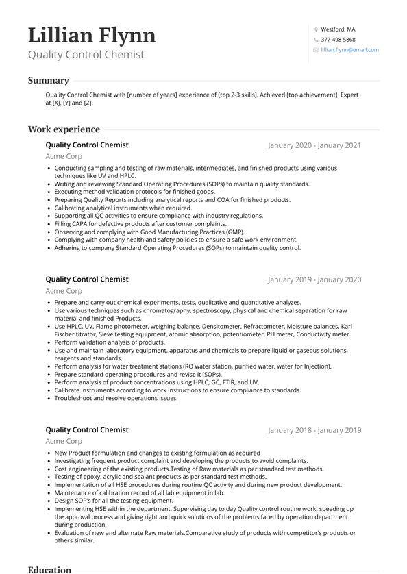 Quality Control Chemist Resume Examples And Templates 