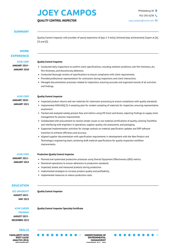 Quality Control Inspector Resume Examples and Templates