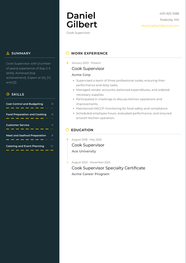 Cook Supervisor Resume Examples and Templates