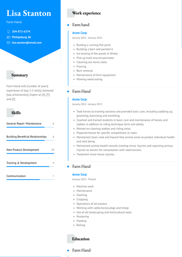 Farm Hand Resume Examples and Templates