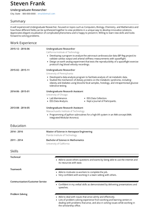 Undergraduate Researcher Resume Sample and Template