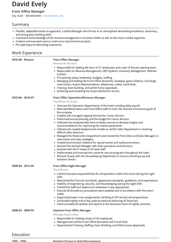 Front Office Manager Resume Examples [+ Samples] | VisualCV