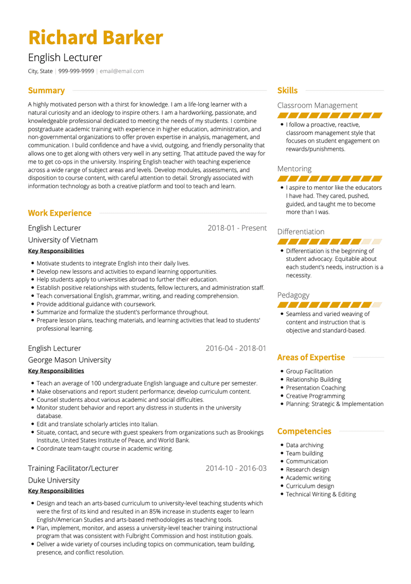 Lecturer CV Examples Templates VisualCV