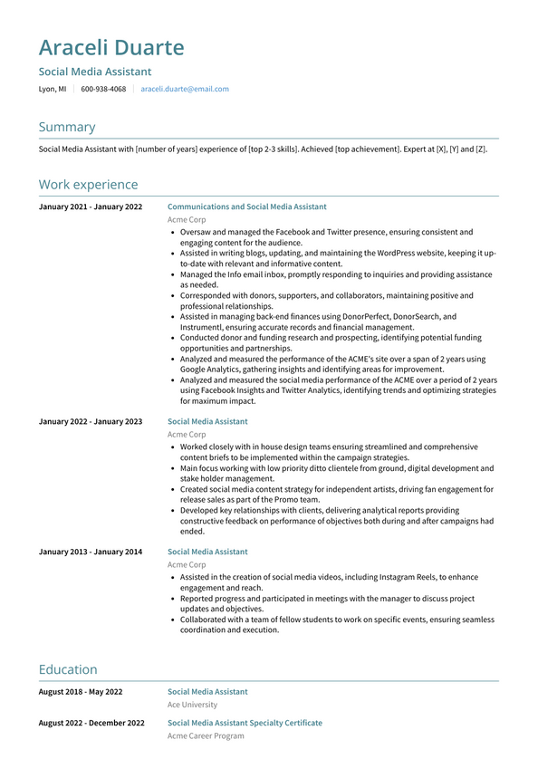 Social Media Assistant Resume Examples and Templates