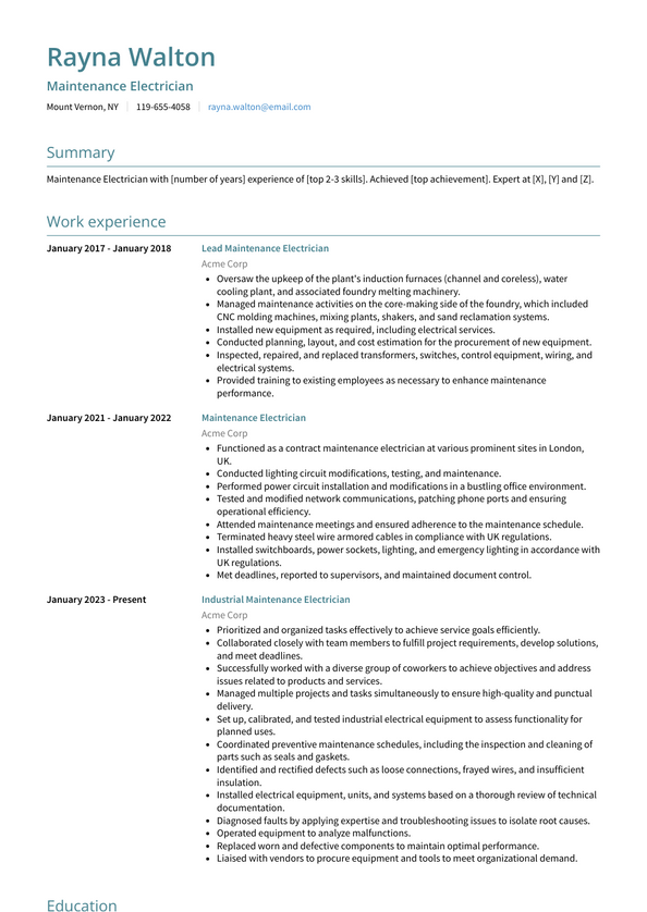 Maintenance Electrician Resume Examples And Templates 1333