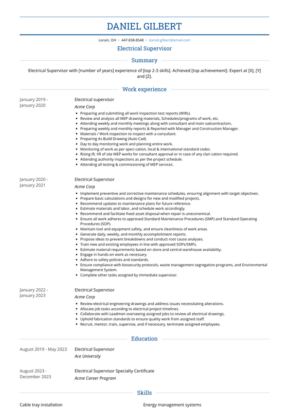 Electrical Supervisor Resume Examples and Templates