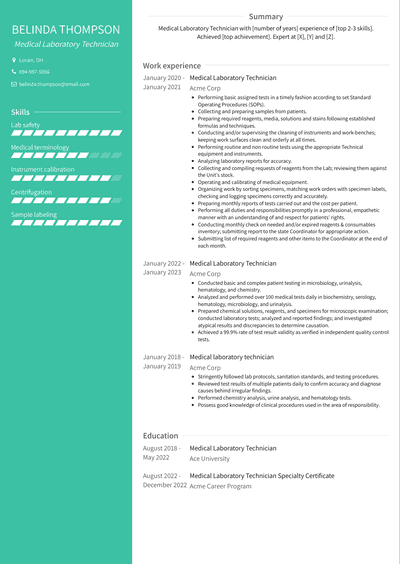 Medical Laboratory Technician Resume Examples and Templates