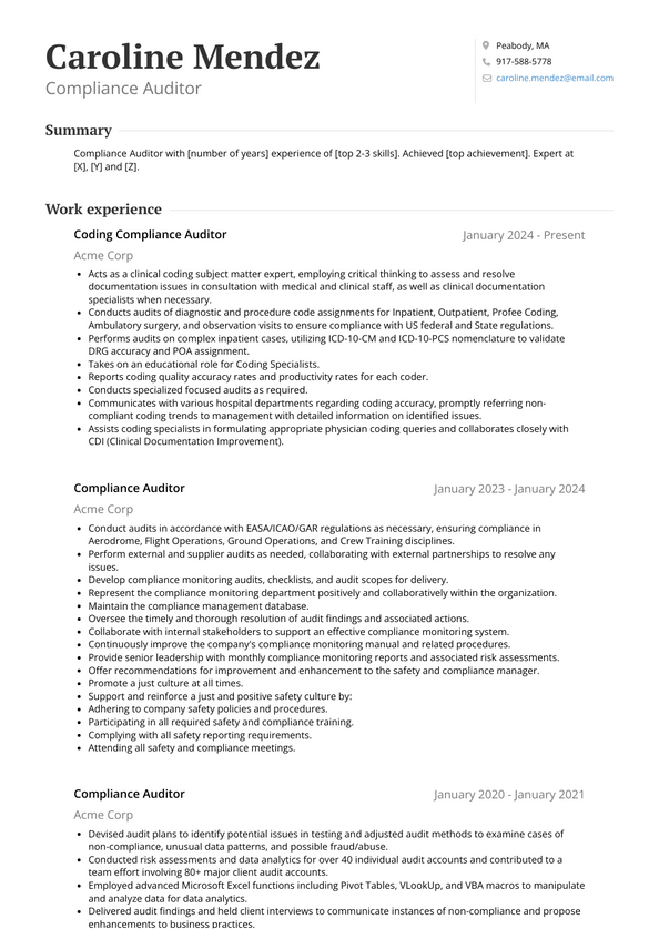 Compliance Auditor Resume Examples and Templates