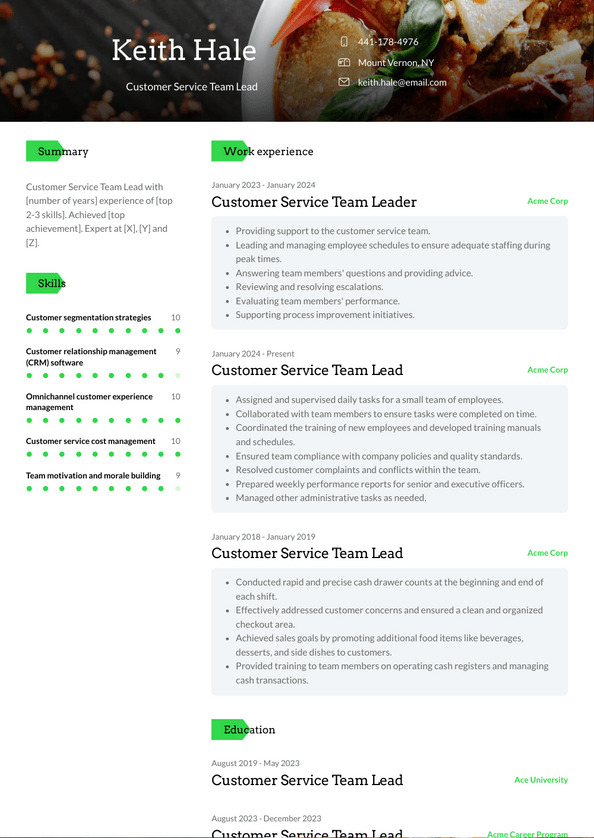 Customer Service Team Lead Resume Examples and Templates