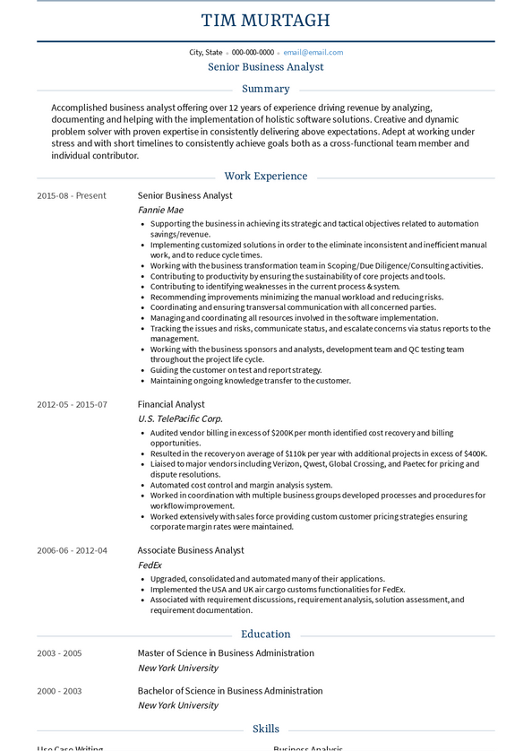 Senior Business Analyst Resume Samples and Templates | VisualCV