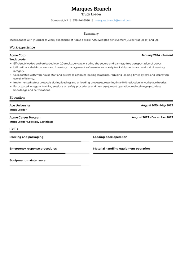 Truck Loader Resume Examples and Templates