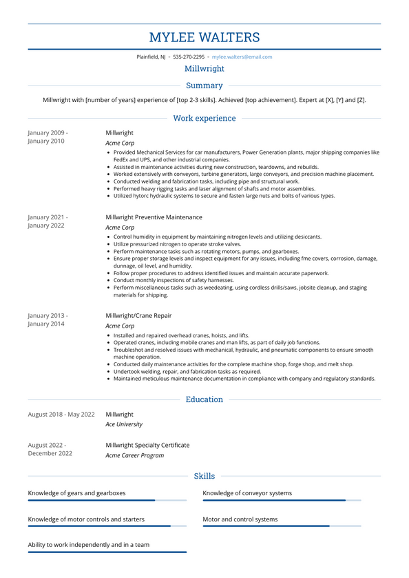 Millwright Resume Examples and Templates