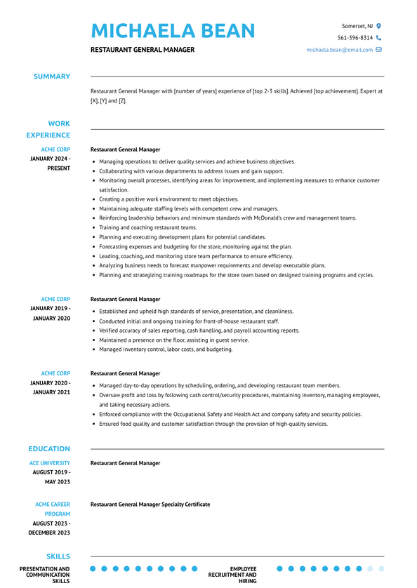 Restaurant General Manager Resume Examples and Templates