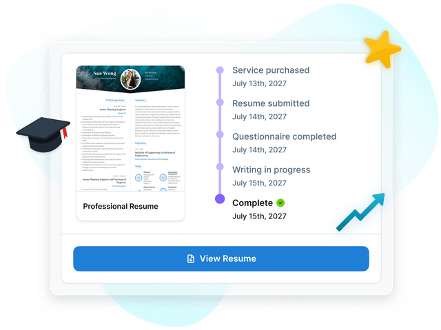 A professionally written resume with the writing service's progress from purchase to completion