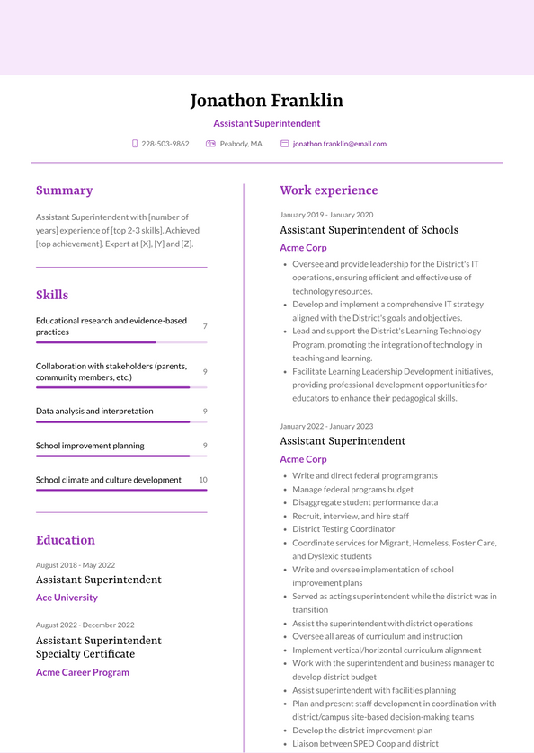 Assistant Superintendent Resume Examples and Templates