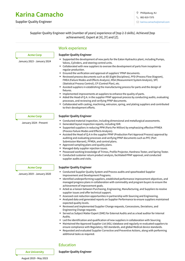 3+ Supplier Quality Engineer Resume Examples and Templates