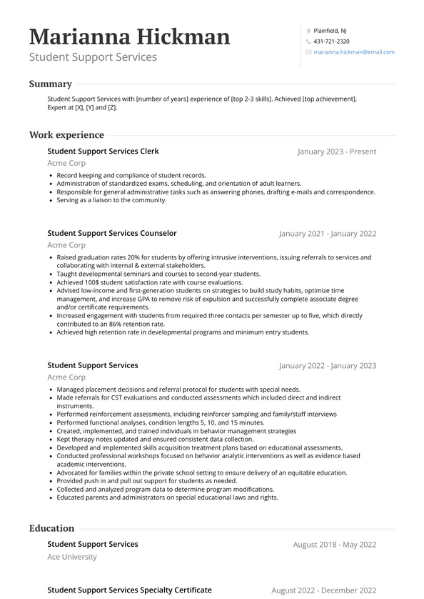 Student Support Services Resume Examples and Templates