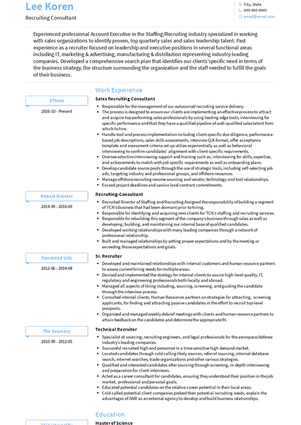 Recruiting Consultant Resume Samples and Templates | VisualCV