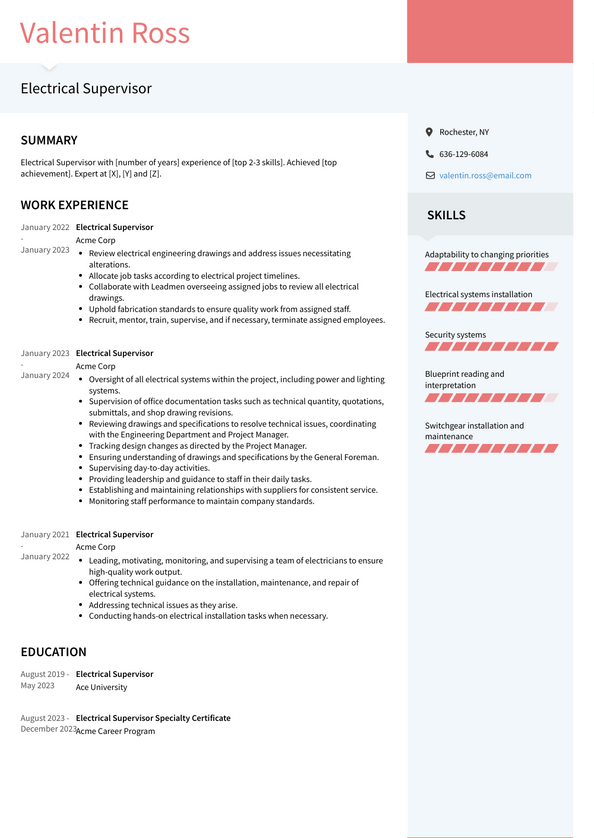 Electrical Supervisor Resume Examples and Templates