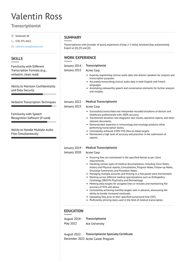 sample resume for editor transcription