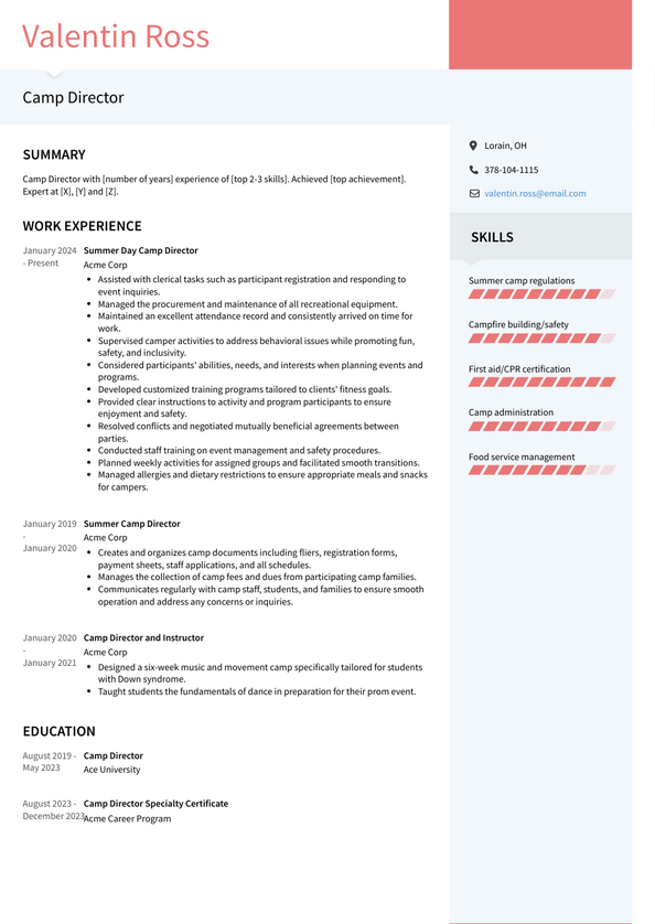 Camp Director Resume Examples and Templates