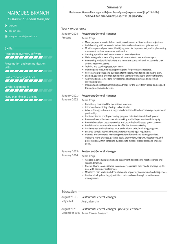 Restaurant General Manager Resume Examples and Templates