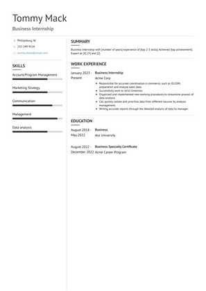 Business Internship Resume Sample and Template