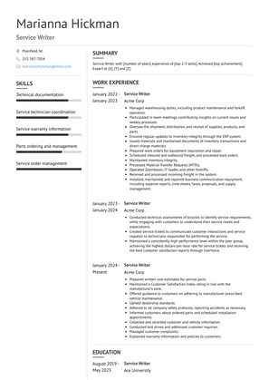 Service Writer Resume Sample and Template