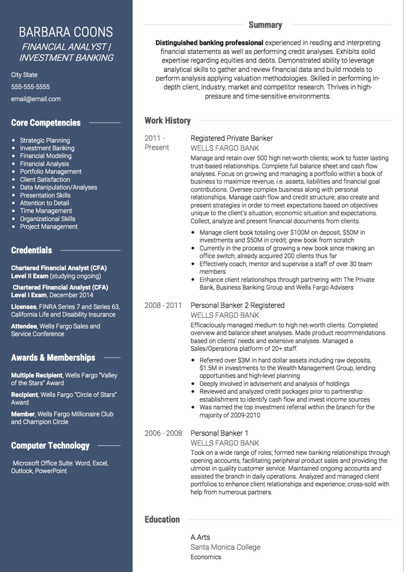 Investment banking CV Example and Template