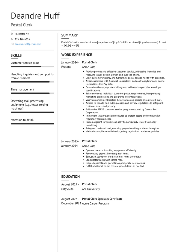 Postal Clerk Resume Examples and Templates