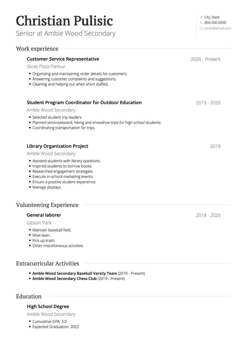 Examples Of Cv For High School Students