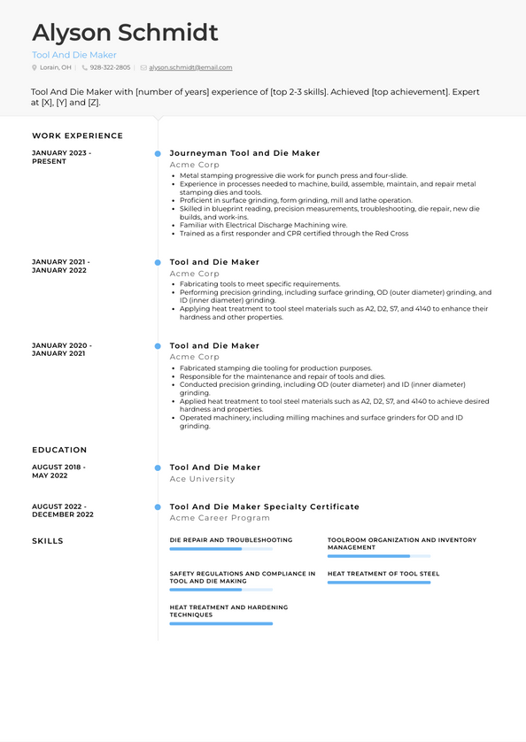 Tool And Die Maker Resume Examples and Templates