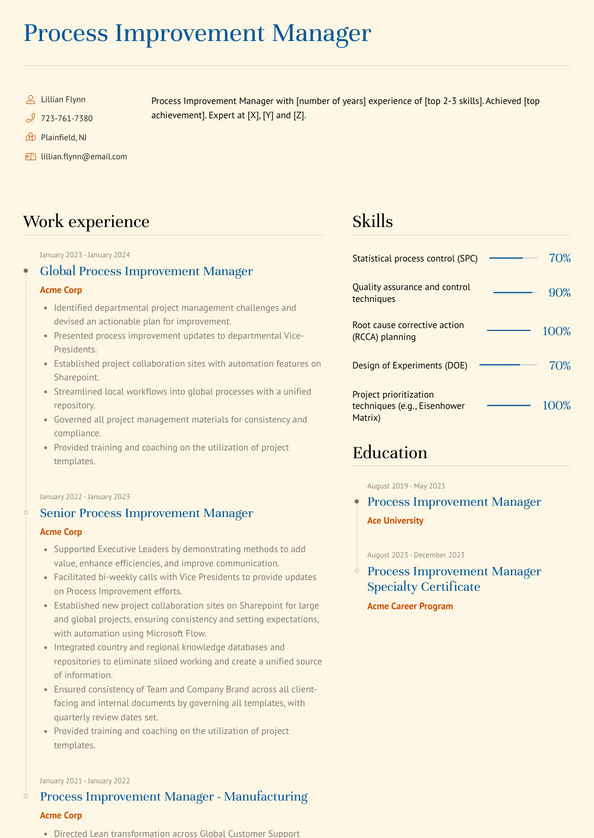 Process Improvement Manager Resume Examples and Templates