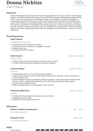 Video Producer Resume Samples and Templates | VisualCV