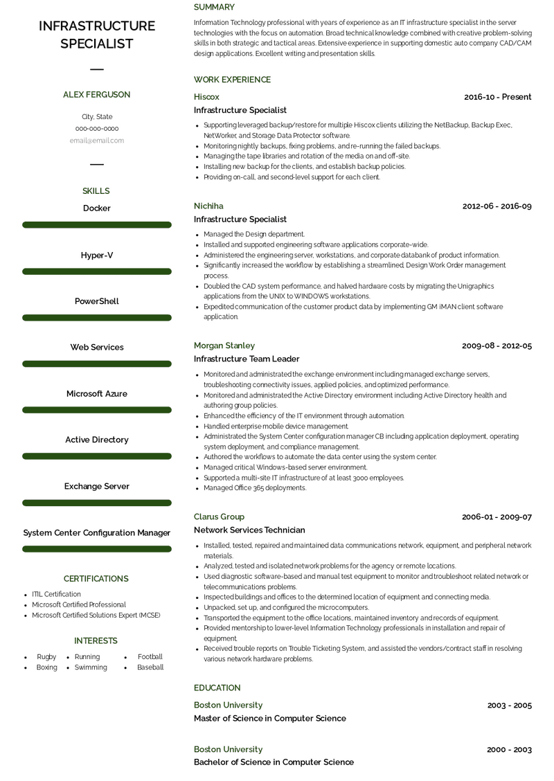 Infrastructure Specialist Resume Samples and Templates | VisualCV
